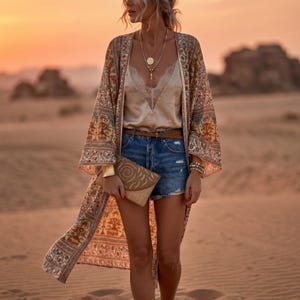 Women's Bohemian Style Chiffon Kimono Cardigan, Lightweight, Long Sleeve, Ideal for Summer, Elegant and Casual.