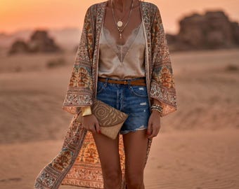 Dameskimono-vest van chiffon in bohemian stijl, lichtgewicht, lange mouwen, ideaal voor de zomer, elegant en casual.