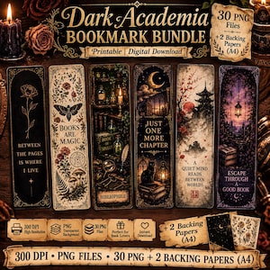 May include: A digital bundle of printable bookmarks featuring dark, atmospheric illustrations including a moth, a cat, a crescent moon, and a pagoda. The designs include text such as Books Are Magic, Just One More Chapter, and Escape Through A Good Book.