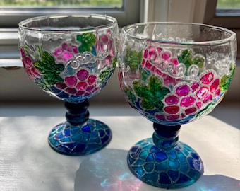 Pair of mosaic, hand painted, art glasses
