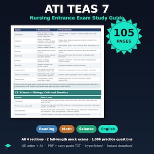 Pode incluir: O guia de estudo ATI TEAS 7 Nursing Entrance Exam é um documento de 105 páginas com uma tabela dos sistemas do corpo humano, suas estruturas e funções, além de uma seção sobre biologia, células e genética.