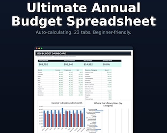 2026 Annual Budget Spreadsheet | Auto-calculating Planner (Google Sheets, Excel)