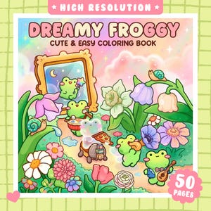 May include: A colouring book titled Dreamy Froggy Cute & Easy Colouring Book with 50 pages. The cover features a colourful illustration of green frogs in a garden with flowers, a mirror, and snails, set against a pastel rainbow sky background.