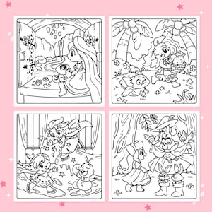 Puede incluir: Un conjunto de cuatro p&aacute;ginas para colorear cuadradas con ilustraciones de l&iacute;neas en blanco y negro de personajes animados. Las escenas muestran a un personaje de pelo largo con un camale&oacute;n, un personaje con una cesta y varias figuras.