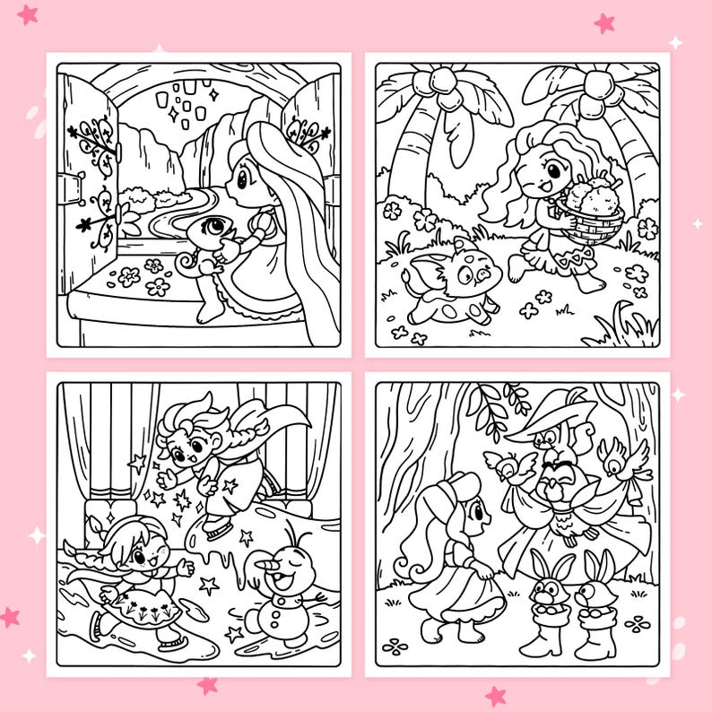 Puede incluir: Un conjunto de cuatro p&aacute;ginas para colorear cuadradas con ilustraciones de l&iacute;neas en blanco y negro de personajes animados. Las escenas muestran a un personaje de pelo largo con un camale&oacute;n, un personaje con una cesta y varias figuras.