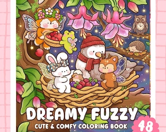 Livre de coloriage Dreamy Fuzzy Vol.2, 40 pages de coloriage féeriques avec des animaux mignons, des sirènes et des créatures fantastiques, un PDF doux et poétique à imprimer pour adolescents et adultes.