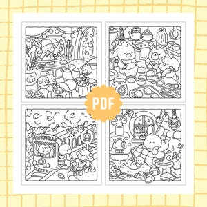 May include: A digital PDF colouring page featuring four distinct black and white line art illustrations of anthropomorphic animals in cosy settings, including a living room, a kitchen, a tram station, and a bedroom, with the text PDF in the centre.