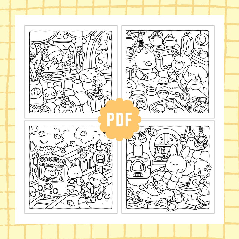 May include: A digital PDF colouring page featuring four distinct black and white line art illustrations of anthropomorphic animals in cosy settings, including a living room, a kitchen, a tram station, and a bedroom, with the text PDF in the centre.