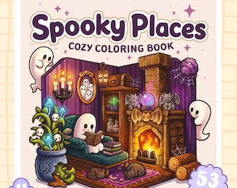 Spooky Places Kleurboek / 40 Gezellige Pagina's, Leuke en Griezelige Hygge-taferelen, Halloween-sfeer, Volwassenen & Tieners, Printbaar PDF, Direct Downloaden