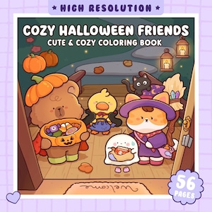 May include: A coloring book titled Cozy Halloween Friends Cute & Cozy Coloring Book featuring a brown bear in a pumpkin hat, a yellow duck, a cat in a witch hat, and a ghost holding candy. The cover includes 56 pages and two glowing lanterns.