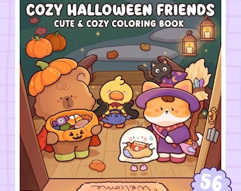 Halloween kleurboek met schattige spookjes, heksen en pompoenen / 46 leuke pagina's, gezellige Halloween-taferelen, printbaar PDF-bestand, direct te downloaden