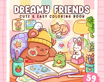 Livre de coloriage d'animaux mignons à imprimer en PDF, pages de coloriage d'amis rêveurs, livre de coloriage fantastique et douillet à télécharger, pour adultes et enfants