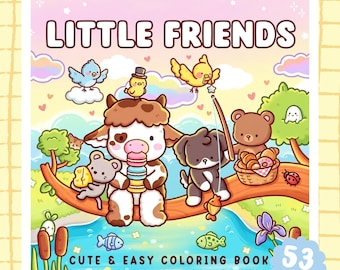 Little Friends Coloring Book Printable, Cute Animal Coloring Pages PDF, Farm Animals Digital Download, Cat Dog Cow Gift, Instant Download