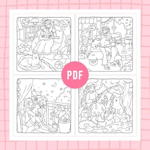Pode incluir: Uma p&aacute;gina de livro de colorir digital em preto e branco com quatro cenas distintas: uma pessoa tocando viol&atilde;o com um c&atilde;o, em uma scooter com um c&atilde;o, relaxando em uma varanda com um c&atilde;o e pescando com um c&atilde;o. Um &iacute;cone PDF rosa est&aacute; centralizado.