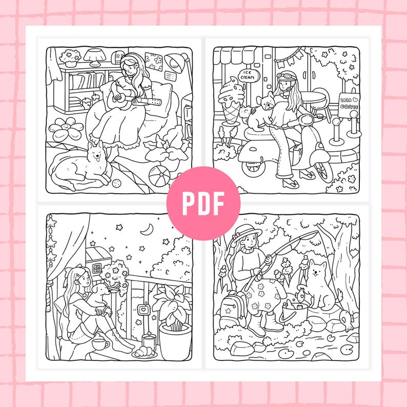 Pode incluir: Uma p&aacute;gina de livro de colorir digital em preto e branco com quatro cenas distintas: uma pessoa tocando viol&atilde;o com um c&atilde;o, em uma scooter com um c&atilde;o, relaxando em uma varanda com um c&atilde;o e pescando com um c&atilde;o. Um &iacute;cone PDF rosa est&aacute; centralizado.
