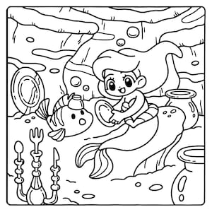 Puede incluir: Una ilustraci&oacute;n de arte lineal en blanco y negro de una sirena sosteniendo un plato, acompa&ntilde;ada por un pez peque&ntilde;o con una taza en la cabeza. La escena incluye un candelabro con cuchara, tenedor y cuchillo, junto a varias vasijas de barro.