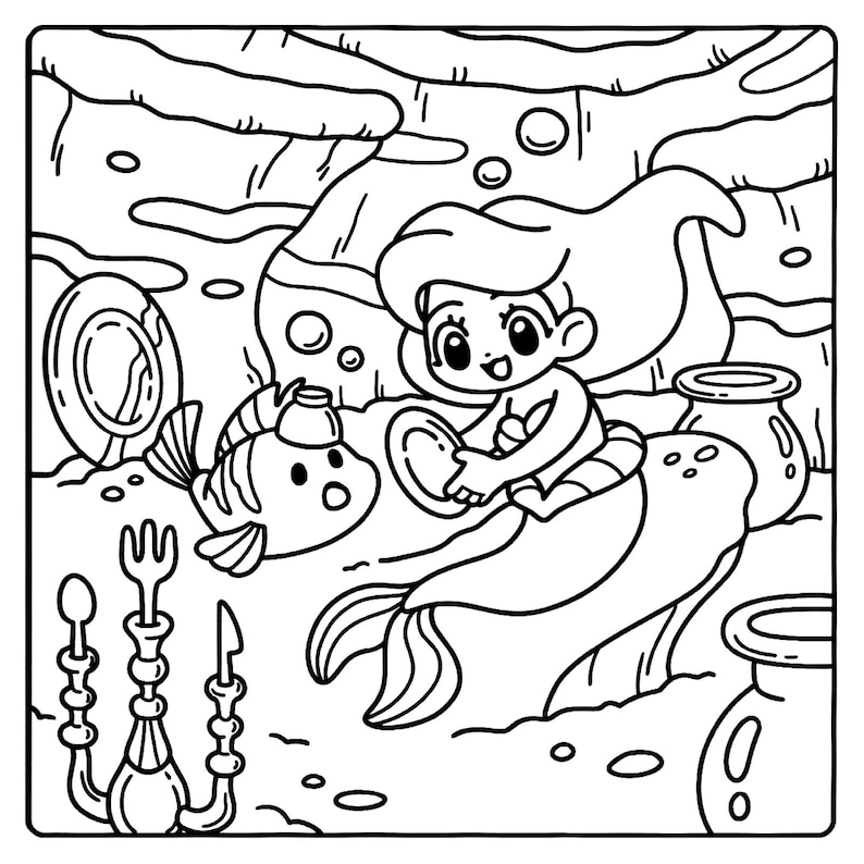 Puede incluir: Una ilustraci&oacute;n de arte lineal en blanco y negro de una sirena sosteniendo un plato, acompa&ntilde;ada por un pez peque&ntilde;o con una taza en la cabeza. La escena incluye un candelabro con cuchara, tenedor y cuchillo, junto a varias vasijas de barro.