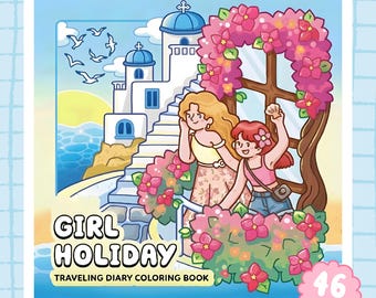 Girl Holiday Traveling Diary Coloring Book / 40 Pages, Cute Girls Around the World, Cultural Travel Scenes, Printable PDF, Instant Download