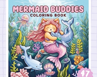 Mermaid Buddies Digital Download, Mermaid Coloring Book Printable, Cute Mermaid Coloring Pages PDF, Ocean Lover Gift, Instant Download Kids
