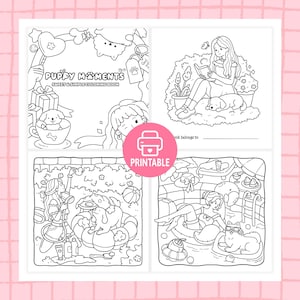 Pode incluir: Um livro de colorir imprim&iacute;vel intitulado Puppy Moments com quatro ilustra&ccedil;&otilde;es de arte linear em preto e branco. As cenas incluem um filhote em uma x&iacute;cara, uma pessoa lendo com um cachorro, uma pessoa lavando um cachorro e uma pessoa com um cachorro em uma piscina.