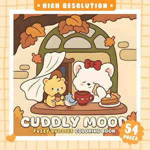 Peut inclure: Un livre de coloriage intitulé CUDDLY MOOD FUZZY BUDDIES COLORING BOOK avec 54 PAGES. La couverture montre un ours blanc avec un nœud rouge, un ours jaune tenant un gland, un oiseau bleu, une tasse rouge et une part de tarte dans un cadre de fenêtre.