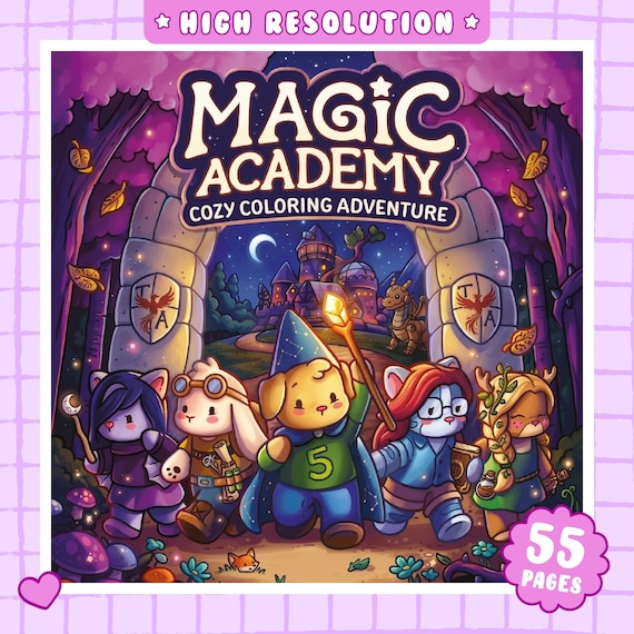 Magic Academy Coloring Book / 40 Cute Pages, Witches, Wizards and Magical Creatures, Spellbook Adventure, Printable PDF, Instant Download