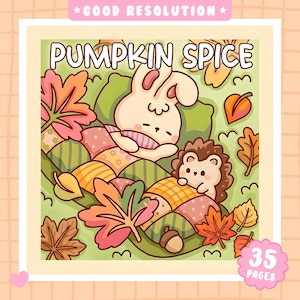 May include: A colouring book cover titled PUMPKIN SPICE featuring a cartoon rabbit and hedgehog sleeping under a patchwork quilt on green grass, surrounded by colourful autumn leaves and an acorn, with a 35 PAGES label in the corner.