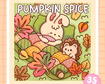 Può includere: Una copertina di un libro da colorare intitolata PUMPKIN SPICE con un coniglio e un riccio disegnati che dormono sotto una trapunta patchwork su erba verde, circondati da foglie autunnali e una ghianda, con l'etichetta 35 PAGES.