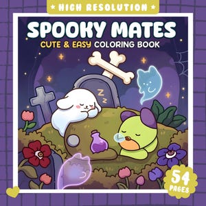 Peut inclure: Un livre de coloriage intitulé Spooky Mates Cute & Easy Coloring Book avec 54 pages. La couverture présente une illustration de dessin animé d'un lapin blanc et d'une créature verte dormant sur une colline herbeuse avec des fantômes et des fleurs.