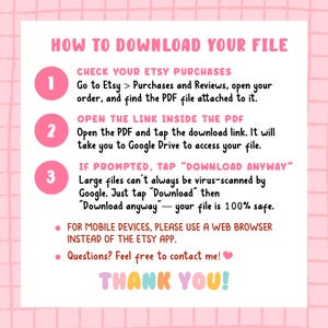 Pode incluir: Um gr&aacute;fico de instru&ccedil;&otilde;es com fundo branco e borda de grade rosa intitulado HOW TO DOWNLOAD YOUR FILE. Lista tr&ecirc;s passos numerados para acessar arquivos digitais via Etsy e Google Drive, inclui conselhos para dispositivos m&oacute;veis e THANK YOU!