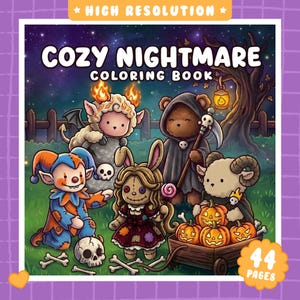 Puede incluir: Un libro para colorear titulado Cozy Nightmare Coloring Book que muestra un grupo de personajes de dibujos animados, incluyendo un bufón, una muñeca, un oso con capa y ovejas en un campo con calabazas, una calavera y huesos bajo un cielo nocturno.
