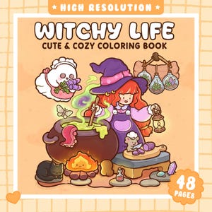 以下が含まれることがあります： 48ページの塗り絵「Witchy Life Cute & Cozy Coloring Book」。表紙には、紫色の魔女の帽子をかぶって大釜をかき混ぜるキャラクター、お化け、黒猫、野菜を切るネズミ、吊り下げられたテラリウムが描かれています。