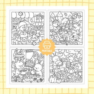 May include: A set of four black and white line art colouring pages featuring cute animals in various scenes, including a rainy street, a picnic, a kitchen, and a feast. A central orange badge with a printer icon and the text PRINTABLE is present.