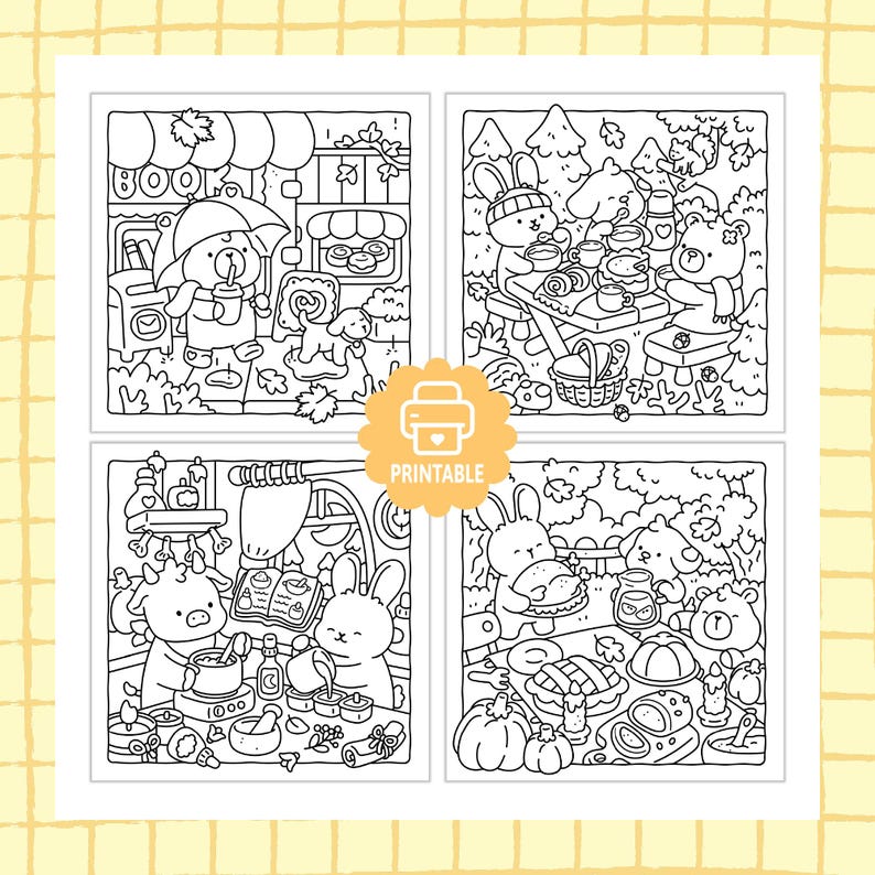 May include: A set of four black and white line art colouring pages featuring cute animals in various scenes, including a rainy street, a picnic, a kitchen, and a feast. A central orange badge with a printer icon and the text PRINTABLE is present.