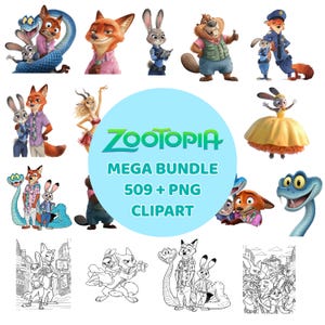 Puede incluir: Una colección de imágenes prediseñadas de personajes de Zootopia. La imagen presenta varios personajes de la película, incluidos Nick Wilde, Judy Hopps y otros. También se incluye el texto "Zootopia Mega Bundle 509+ PNG Clipart".