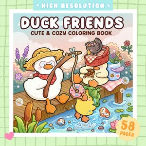 Pode incluir: Um livro de colorir intitulado Duck Friends Cute & Cozy Coloring Book com uma ilustração de três patos num cais de madeira junto a um lago. Um pato usa um chapéu de palha e pesca uma rosca, enquanto outros estão com um cesto e flores.
