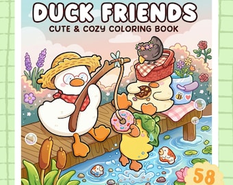 Livre de coloriage à imprimer « Amis des canards », pages de coloriage de canards mignons au format PDF, téléchargement numérique d'animaux adorables, cadeau hygge, téléchargement instantané