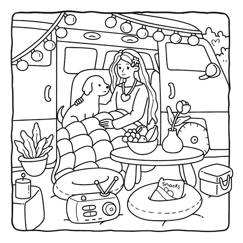 Pode incluir: Uma ilustra&ccedil;&atilde;o de arte linear a preto e branco de uma pessoa sentada dentro de uma carrinha com um c&atilde;o, uma colcha, uma ta&ccedil;a de fruta, um vaso com uma flor, um r&aacute;dio, uma vela, uma planta em vaso, um saco de snacks e luzes.