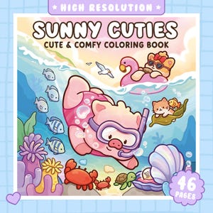 Pode incluir: Um livro de colorir intitulado Sunny Cuties Cute & Comfy Coloring Book com 46 páginas. A capa mostra um porco rosa a fazer snorkel debaixo de água com peixes, um caranguejo, uma tartaruga e uma amêijoa. Um gato e um urso numa boia de flamingo.