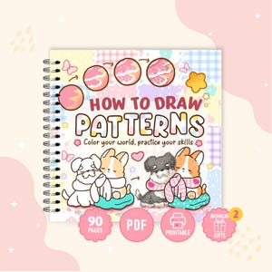 Puede incluir: Un libro con espiral titulado "HOW TO DRAW PATTERNS" con ilustraciones de perros de dibujos animados. La portada presenta el texto "Color your world, practice your skills". Los iconos indican 90 páginas, PDF, imprimible y regalos extra. El esquema de color es rosa pastel y azul.