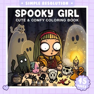 Op de afbeelding: Een kleurboek getiteld Spooky Girl Cute & Comfy Coloring Book met 45 pagina's. De kaft toont een stripfiguur die een schedel tekent, omringd door geesten, een zwarte kat, een kaars en inktflesjes met labels zoals Corpse Ink en Grave Dirt.