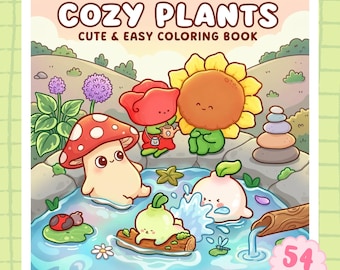 Cozy Plants Coloring Book, 46 Cute Garden and Mushroom Pages, Adorable Nature Animals PDF, Printable Coloring Book for Kids and Adults
