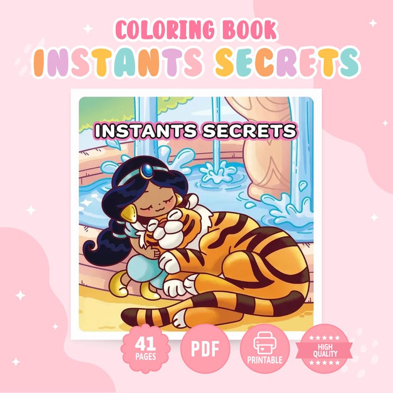 Puede incluir: Un libro de colorear digital titulado INSTANTS SECRETS que presenta una ilustraci&oacute;n de dibujos animados de un personaje con cabello oscuro y traje azul abrazando a un gran tigre de rayas naranjas y negras frente a una fuente azul. 41 p&aacute;ginas PDF.