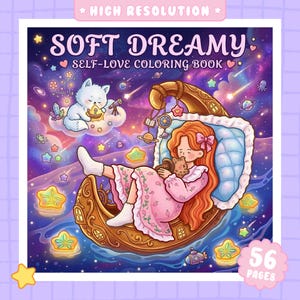 Puede incluir: Una portada de libro para colorear titulada SOFT DREAMY SELF-LOVE COLORING BOOK que muestra a una persona con cabello largo naranja durmiendo en un bote con forma de luna creciente, un gato blanco sobre una nube y elementos espaciales.