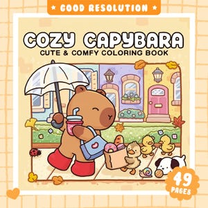 Libro da colorare accogliente con capibara / 45 pagine adorabili, illustrazioni di capibara carinissime in stile kawaii, scene rilassanti con animali, PDF stampabile, download immediato