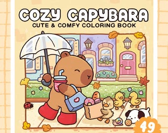 Livro de colorir aconchegante de capivara / 45 páginas adoráveis, ilustrações fofas e kawaii de capivaras, cenas relaxantes com animais, PDF para imprimir, download instantâneo