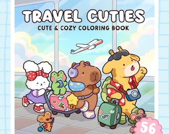 Travel Cuties Coloring Book / 46 Pages, Adorable Animal Friends, World Landmarks and Travel Scenes, Printable PDF, Instant Download