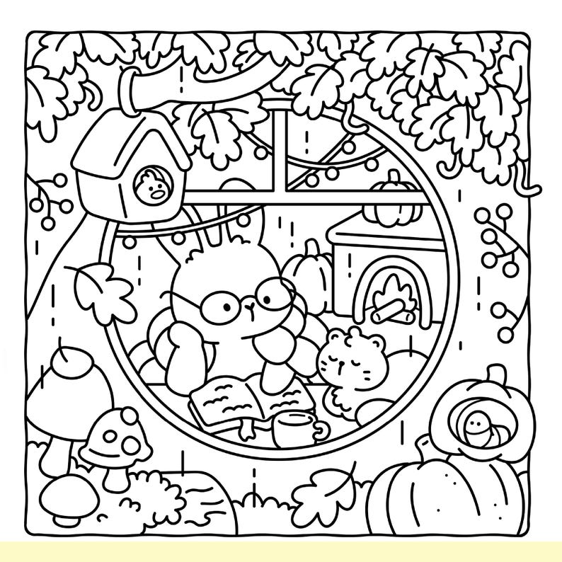 May include: A black and white line art colouring page featuring a rabbit wearing glasses reading a book inside a circular window. A cat sits nearby, with a fireplace, pumpkins, a birdhouse, mushrooms, and autumn leaves surrounding the scene.