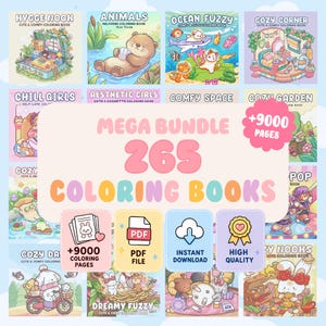 Puede incluir: Un mega paquete de 265 libros para colorear, con más de 9000 páginas. Las portadas presentan ilustraciones lindas con temas como animales, espacios acogedores y chicas estéticas. Incluye archivo PDF y opciones de descarga instantánea.