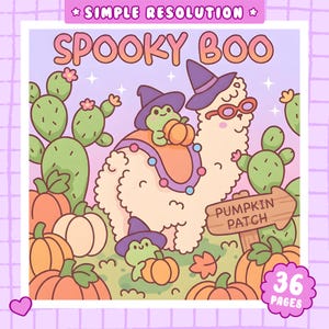 May include: A coloring book page titled SPOOKY BOO featuring a cream-colored llama wearing a purple witch hat and red glasses, accompanied by two green frogs in purple hats, surrounded by orange pumpkins and green cacti with a PUMPKIN PATCH sign.